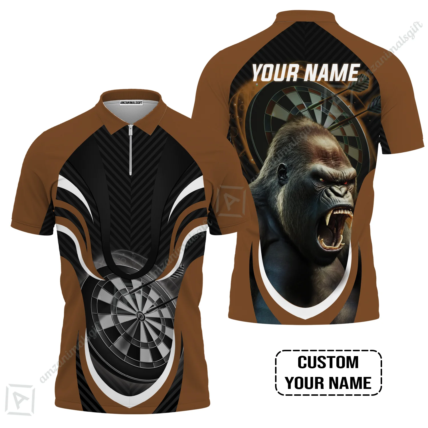 Gorilla And Darts Custom Name Men Polo Shirt, Bullseye Dartboard Brown Personalized Men Polo Shirt - Image 4