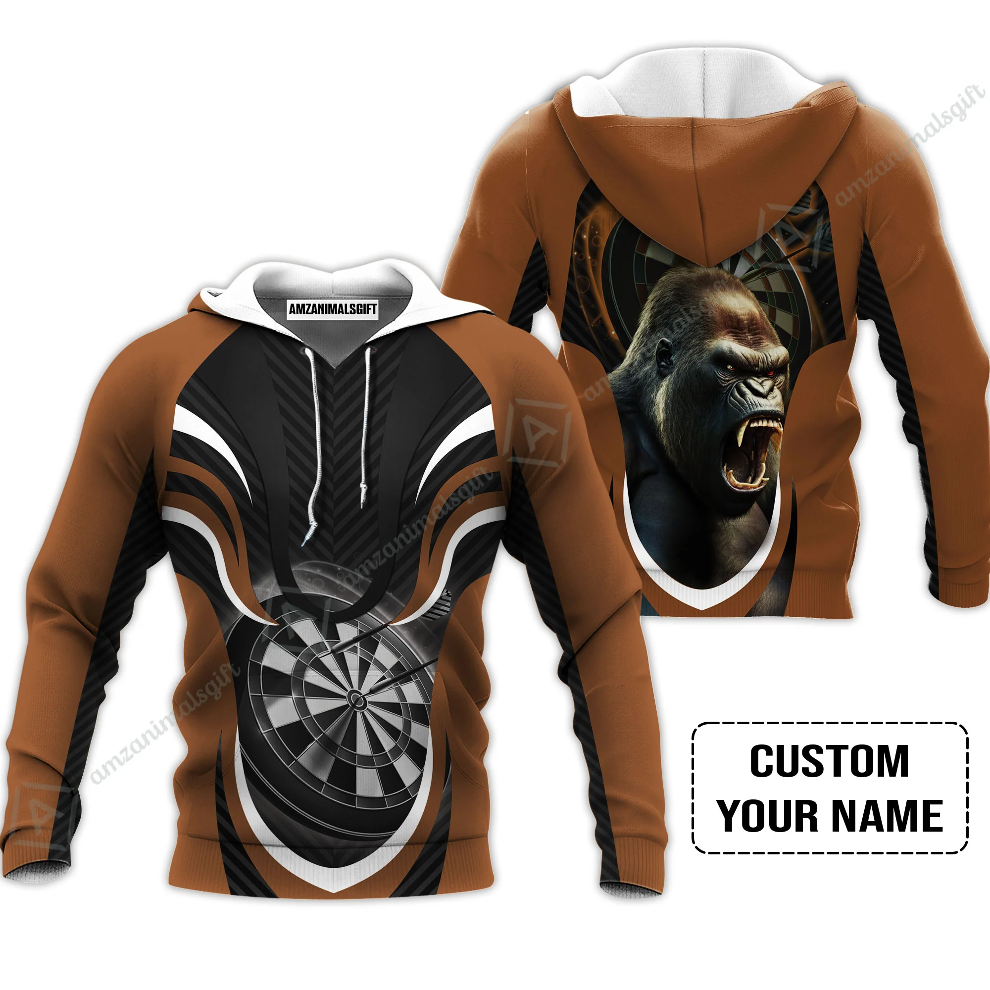 Gorilla And Darts Custom Name Men Polo Shirt, Bullseye Dartboard Brown Personalized Men Polo Shirt - Image 5