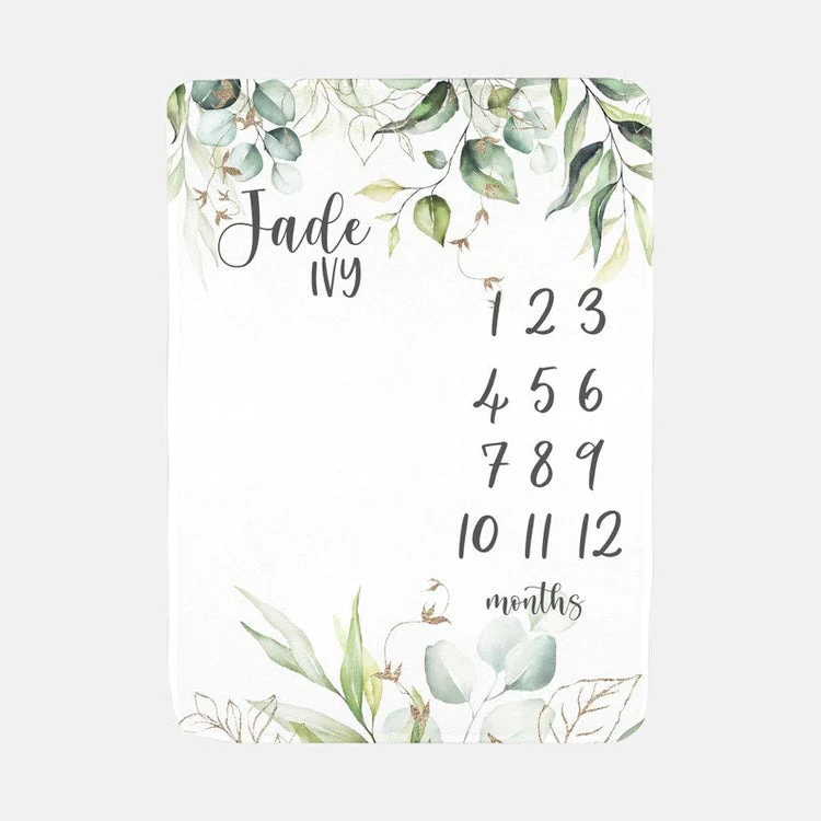 Greenery Elegant Eucalyptus Baby Milestone Blanket With Customized Name For Baby Girl Nursery, Daughter, Granddaughter