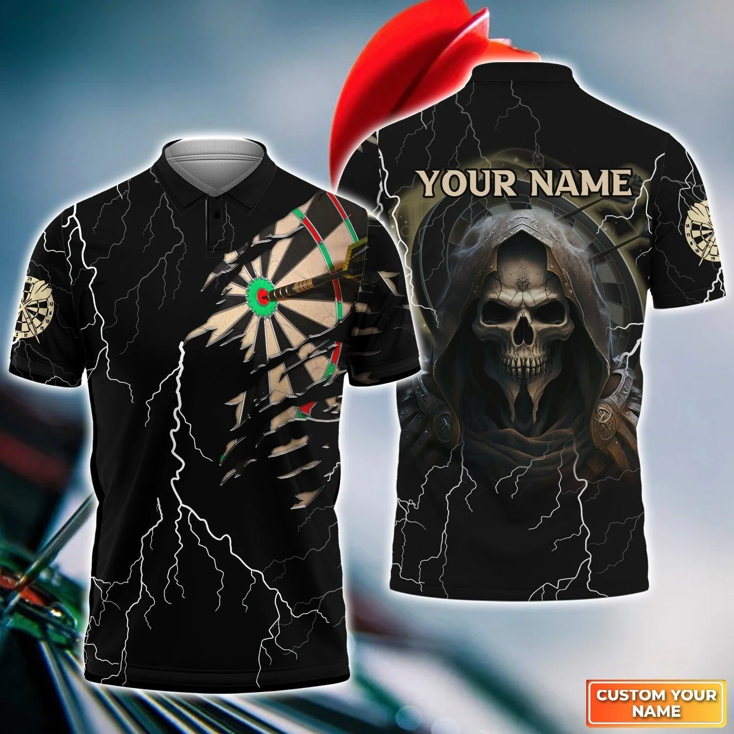 Grim Reaper And Darts Custom Name Men Polo Shirt, Bullseye Dartboard Thunder Personalized Men Polo Shirt Gift For Darts Lovers, Team, Friends