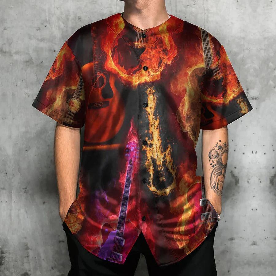 Guitar Baseball Jersey, Guitar Fire Red Flame Baseball Jersey For Men And Women - Perfect Gift For Guitar Lovers, Music Lovers - Image 4