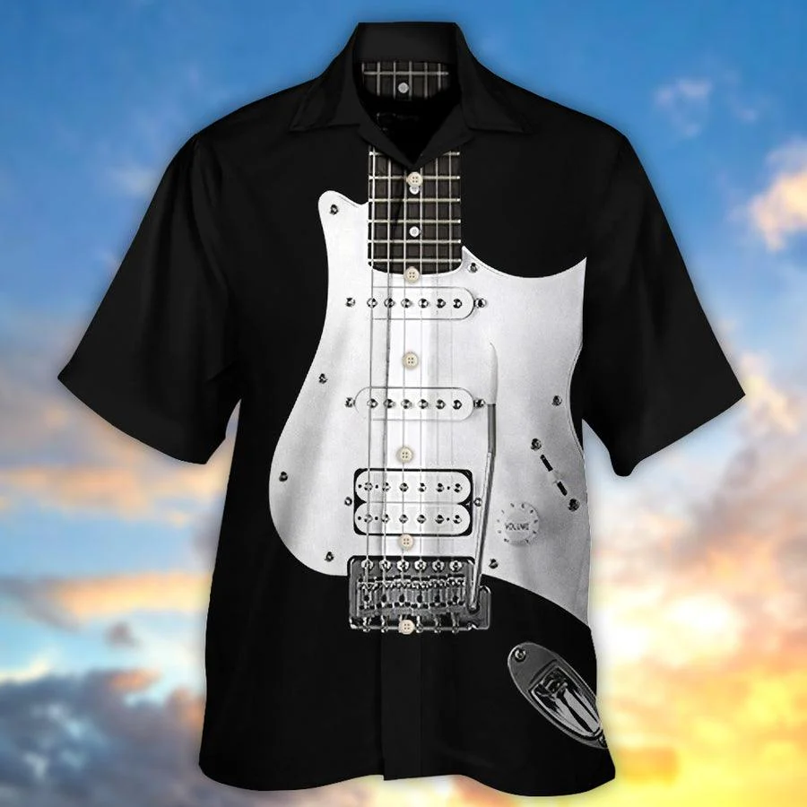 Guitar Black Aloha Hawaiian Shirt For Summer, Electric Guitar Hawaiian Shirts Outfit For Men Women, Music Guitar Lovers