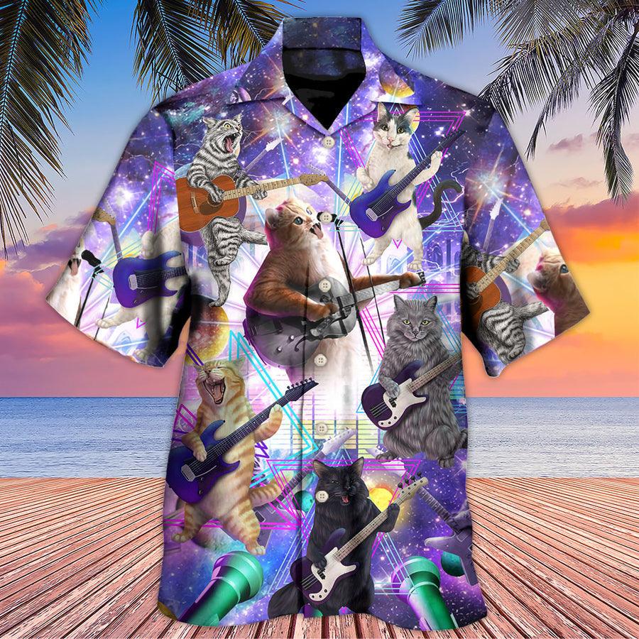 Guitar Cat Aloha Hawaiian Shirt For Summer, Guitar Music Cat Playing Guitar And Galaxy Hawaiian Shirts Outfit For Men Women, Music Guitar Lovers