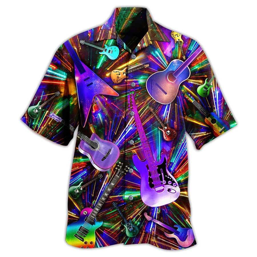 Guitar Neon Color Aloha Hawaiian Shirt For Summer, Colorful Guitar Hawaiian Shirts Outfit For Men Women, Music Guitar Lovers