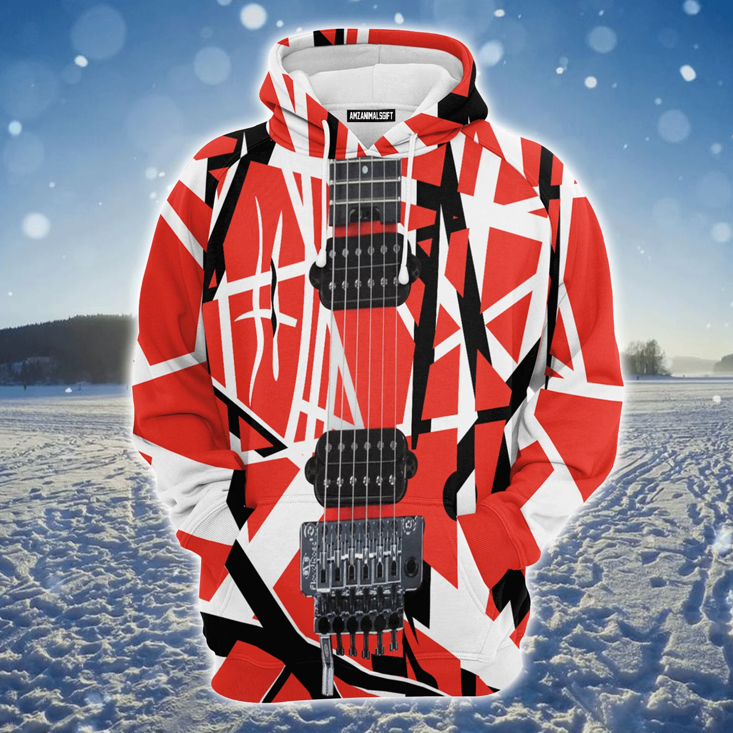 Guitar Premium Christmas Hoodie, Guitar Red & White Unisex Hoodie For Men & Women - Perfect Gift For Christmas, Guitar Lover - Image 2