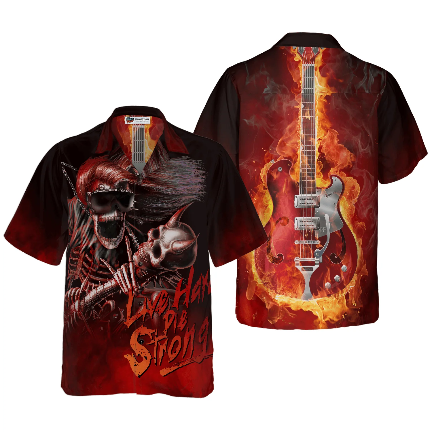 Guitar Skull Hawaiian Shirt, Live Hard Die Strong Burning Guitar, Colorful Summer Aloha Shirt For Men Women, Gift For Friend, Family
