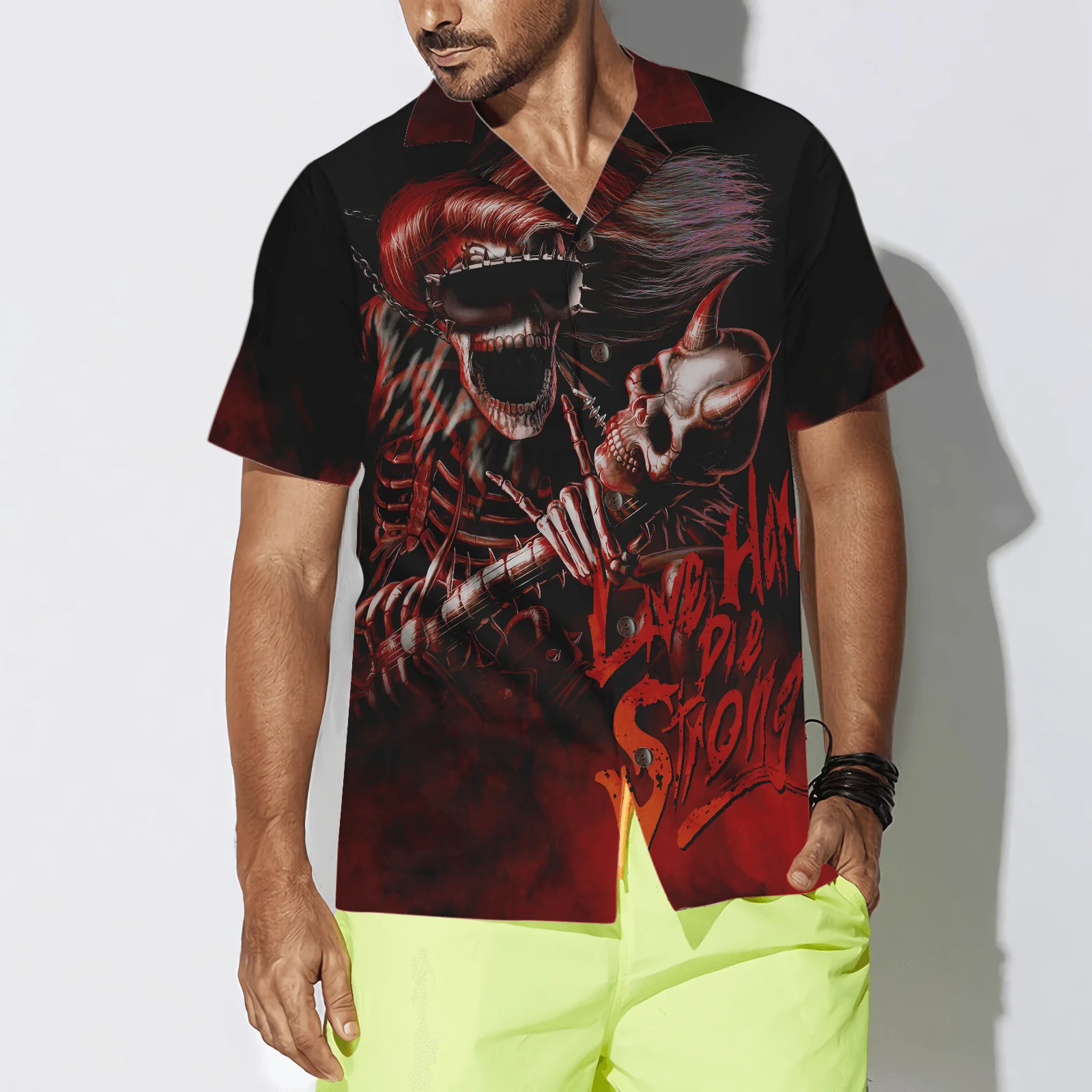 Guitar Skull Hawaiian Shirt, Live Hard Die Strong Burning Guitar, Colorful Summer Aloha Shirt For Men Women, Gift For Friend, Family - Image 2