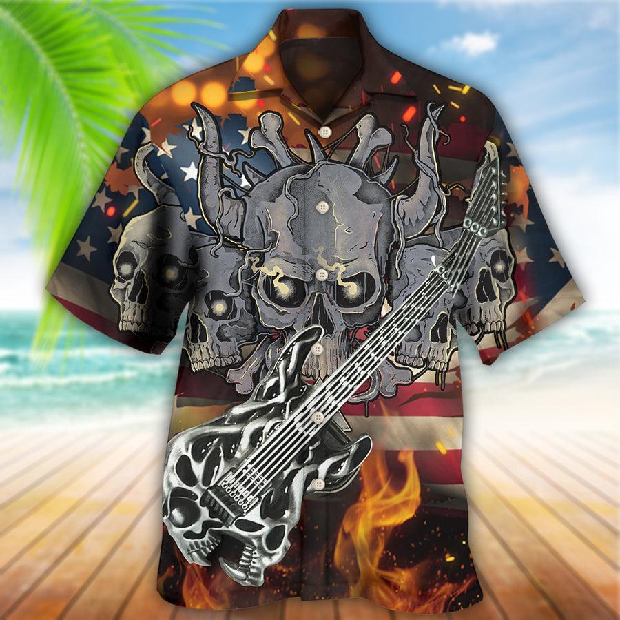 Guitar Skull Independence Day American Flag Aloha Hawaiian Shirt For Summer, Guitar Hawaiian Shirts Matching Outfit For Men Women, Music Guitar Lover