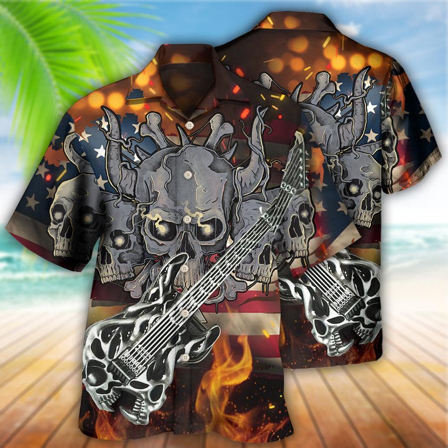 Guitar Skull Independence Day American Flag Aloha Hawaiian Shirt For Summer, Guitar Hawaiian Shirts Matching Outfit For Men Women, Music Guitar Lover - Image 2