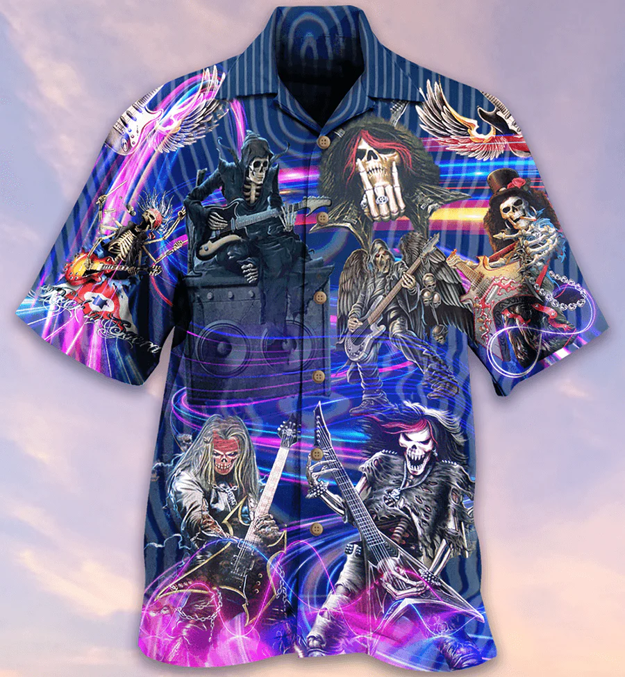 Guitar Skull Music Skull Crazy Purple Aloha Hawaiian Shirt For Summer, Guitar Hawaiian Shirts Matching Outfit For Men Women, Music Guitar Lovers