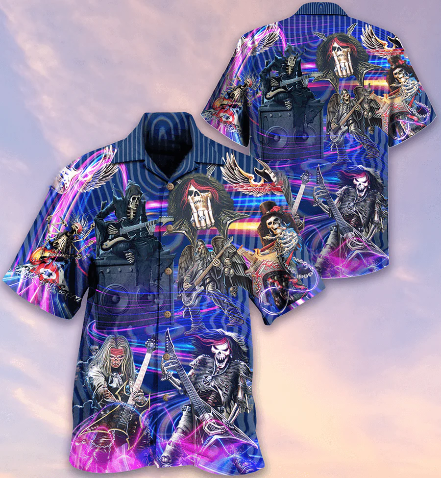 Guitar Skull Music Skull Crazy Purple Aloha Hawaiian Shirt For Summer, Guitar Hawaiian Shirts Matching Outfit For Men Women, Music Guitar Lovers - Image 2