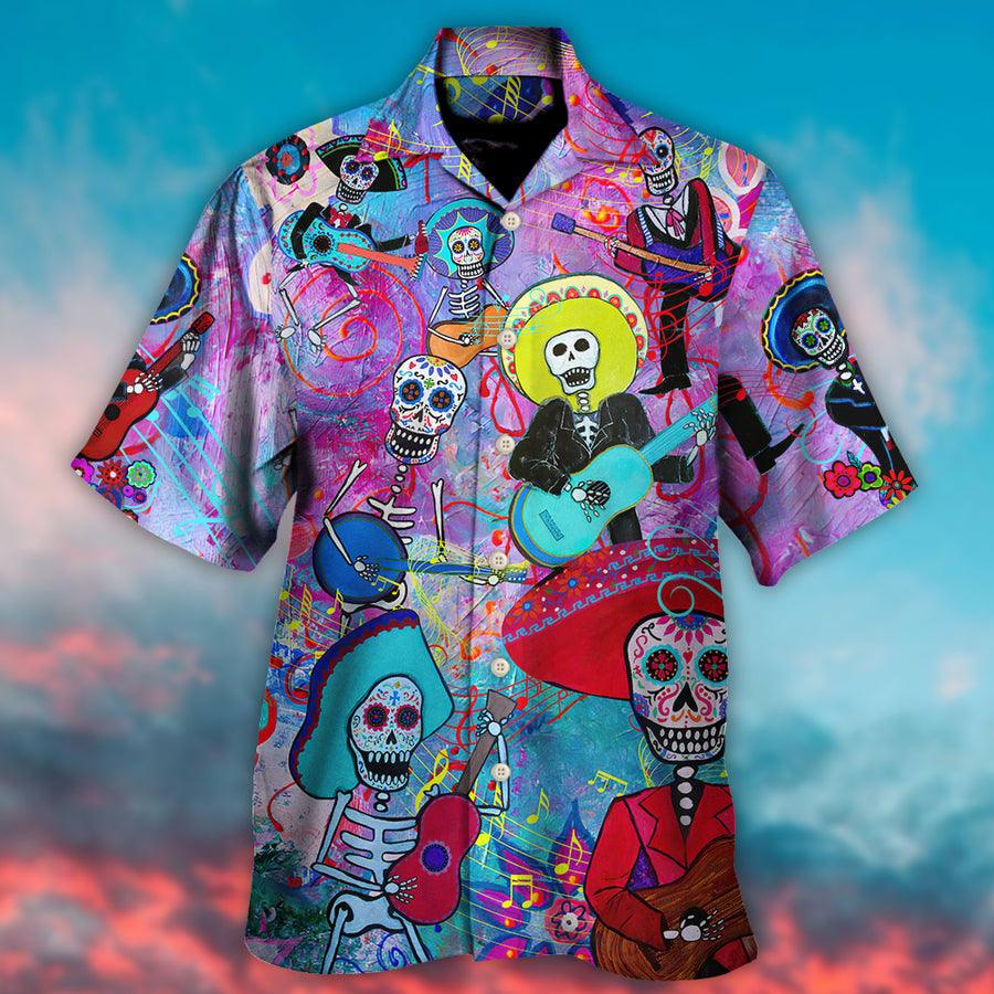 Guitar Sugar Skull Aloha Hawaiian Shirt For Summer, Guitar Day Of The Dead Calavera Hawaiian Shirts Outfit For Men Women, Music Guitar Lovers