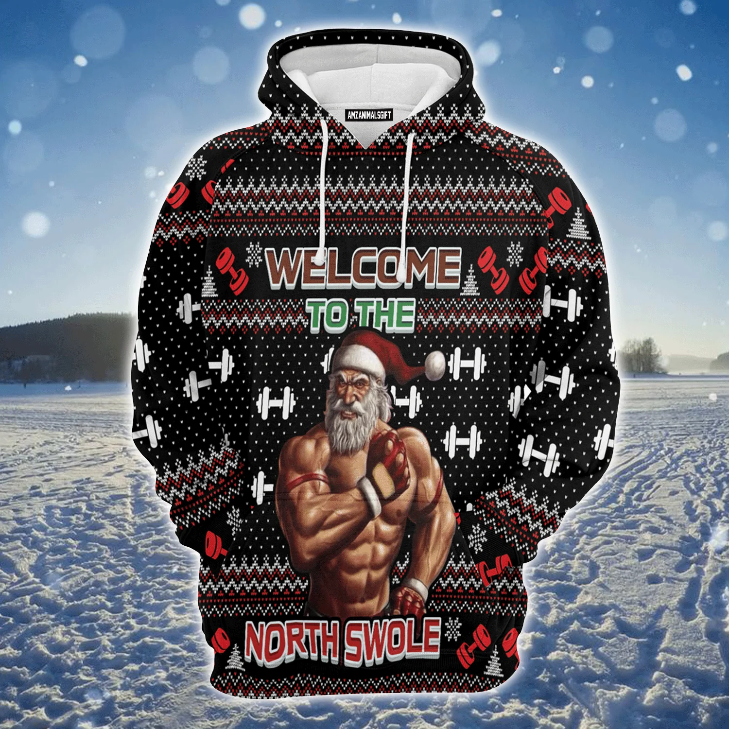 Gym Santa Premium Christmas Hoodie, Welcome To The North Swole Christmas Unisex Hoodie For Men & Women - Perfect Gift For Christmas, Friends, Family - Image 2