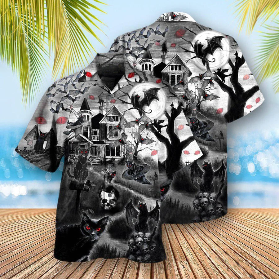 Halloween Black Cat Hawaiian Shirt, Black Cat Flying Horror Night Halloween Aloha Shirt For Men & Women - Halloween Gift For Members Family, Friends - Image 2