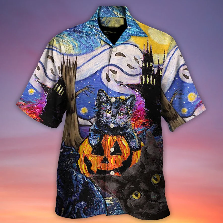 Halloween Black Cat Hawaiian Shirt, Black Cat Starry Night, Funny Cat Aloha Shirt For Men & Women - Halloween Gift For Members Family, Friends - Image 2