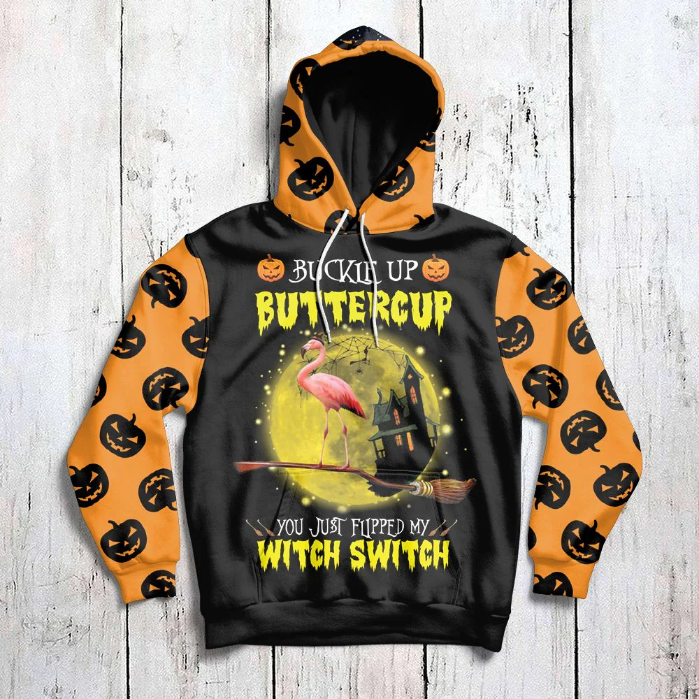 Halloween Flamingo Pullover Premium Hoodie Buttercup You Just Flipped My Witch Switch, Perfect Outfit For Men And Women On Christmas New Year Autumn Winter - Image 3