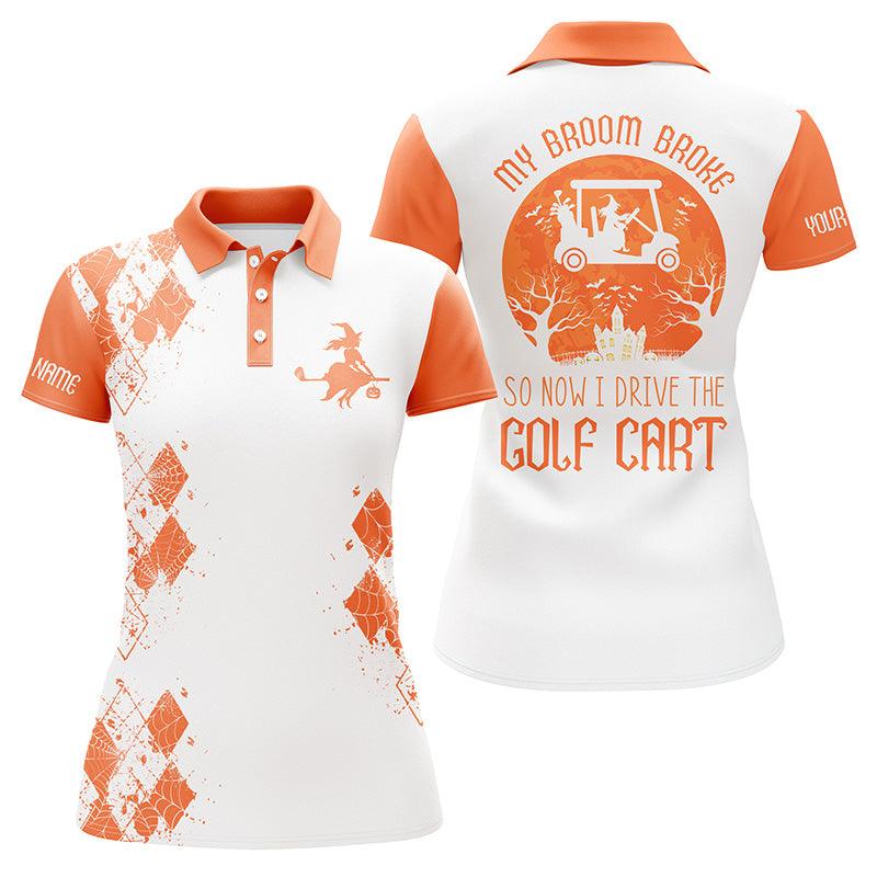 Halloween Golf Custom Name Women Polo Shirt, My Broom Broke So Now I Drive The Golf Cart Personalized Orange Women Polo Shirts, Gift For Golfers - Image 2