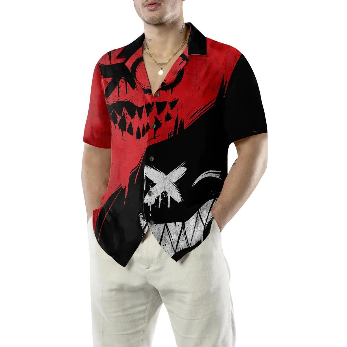Halloween Hawaiian Shirt - Evil Smile Hawaiian Shirt, Black And White Angle Wing Hawaiian Shirt - Perfect Gift For Lover, Friend, Family - Image 5
