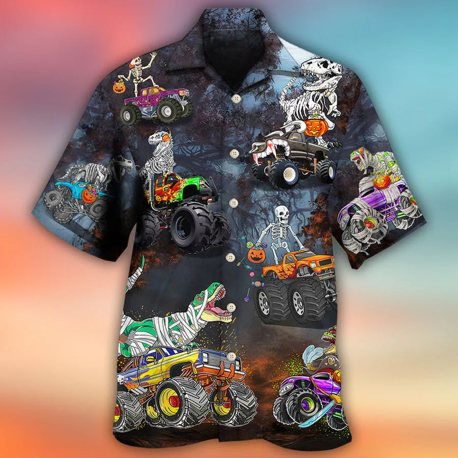 Halloween Hawaiian Shirt, Halloween Skeleton Dinosaur Driving Monster Truck Aloha Shirt For Men & Women - Halloween Gift For Members Family, Friends - Image 2