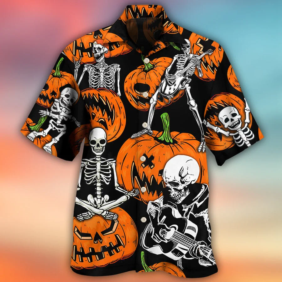 Halloween Hawaiian Shirt, Halloween Skeleton Pumpkin Scary Aloha Shirt For Men & Women - Halloween Gift For Members Family, Friends - Image 2
