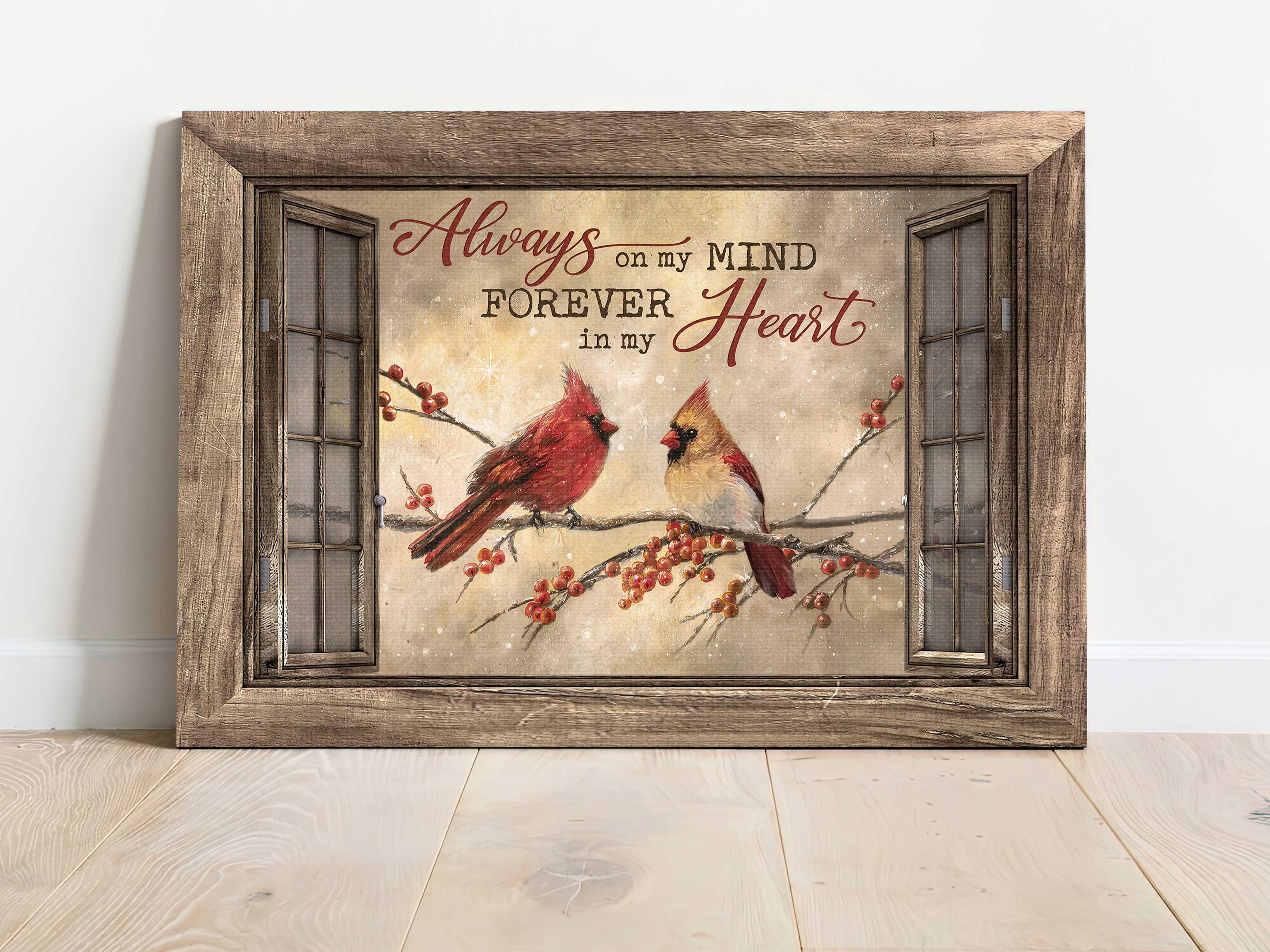 Heaven Landscape Canvas - Winter Painting, Cardinal Couple, Memorial Canvas - Memorial Gift For Member Family - Always On My Mind Forever In My Heart - Image 2