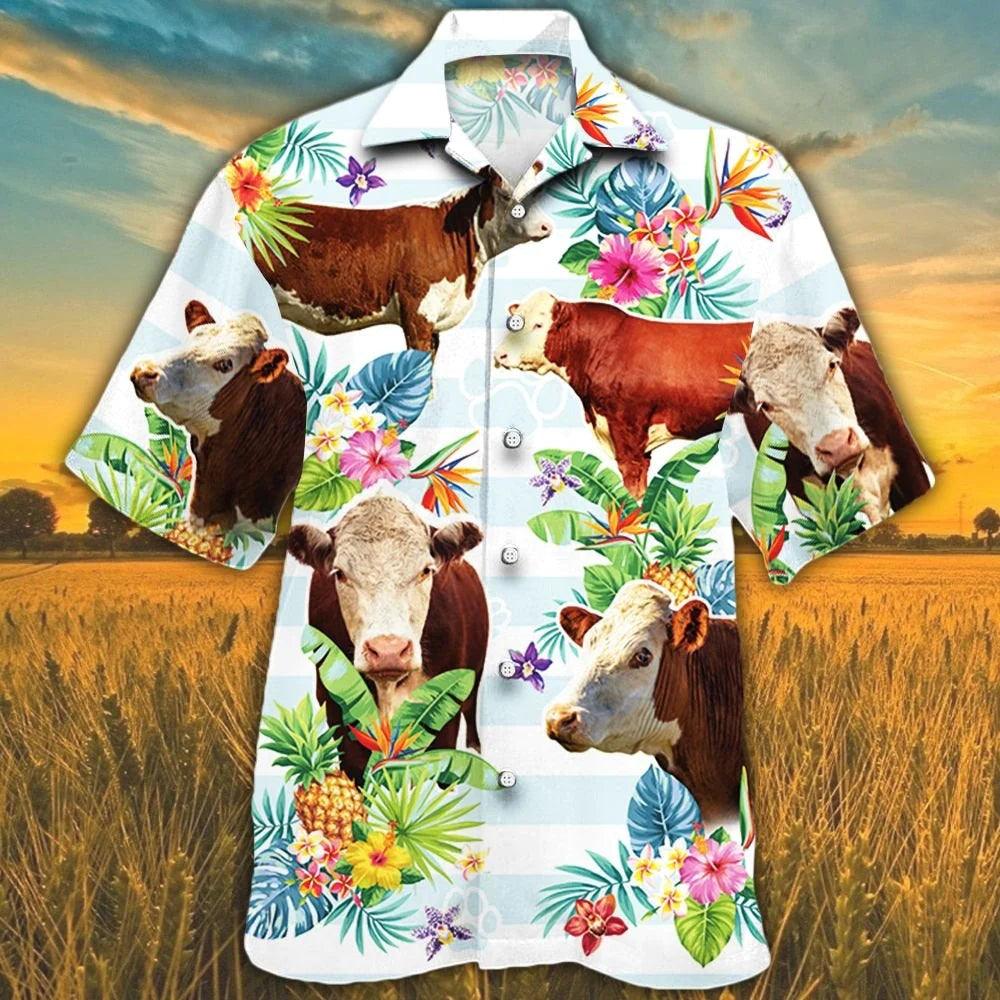 Hereford Cattle Hawaiian Shirt - Hereford Cattle Lovers Tropical Flower Hawaiian Shirt - Perfect Gift For Friend, Family