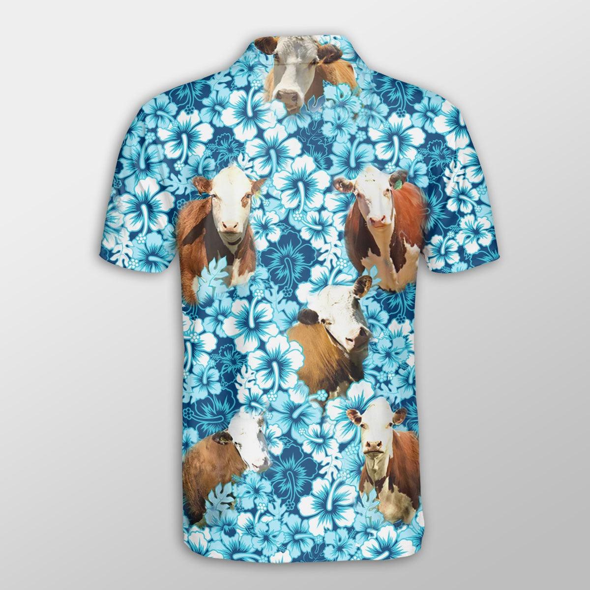 Hereford Men Polo Shirt For Summer - Hereford Blue Hibiscus Pattern Button Shirt For Men - Perfect Gift For Hereford Lovers, Cattle Lovers - Image 2