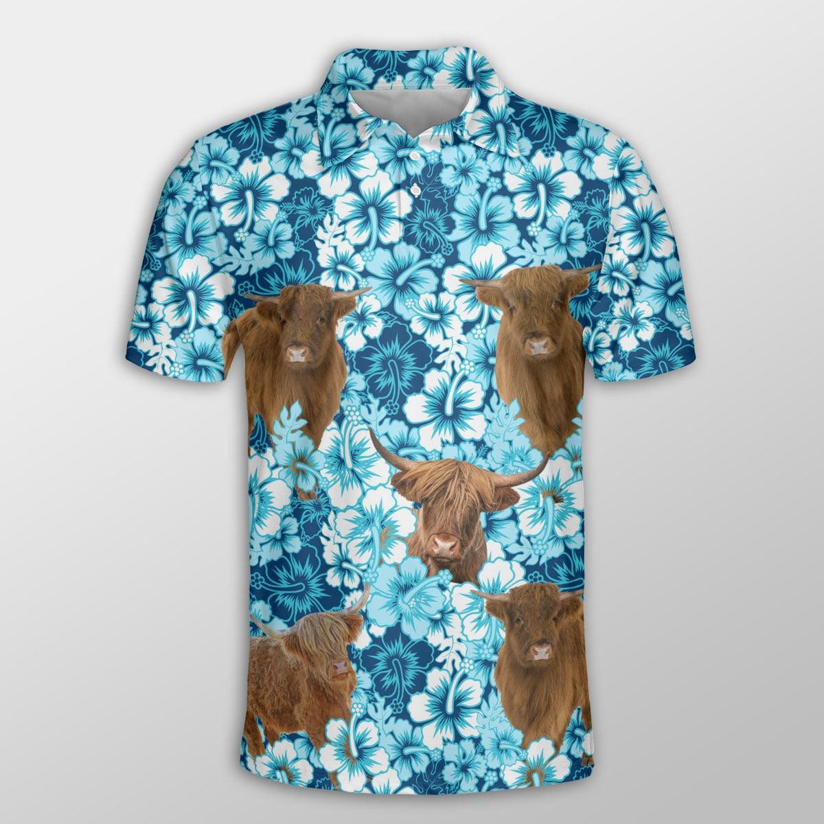 Highland Cattle Men Polo Shirts - Highland Cattle Blue Hibiscus Pattern Button Shirt For Men - Perfect Gift For Highland Cattle Lovers
