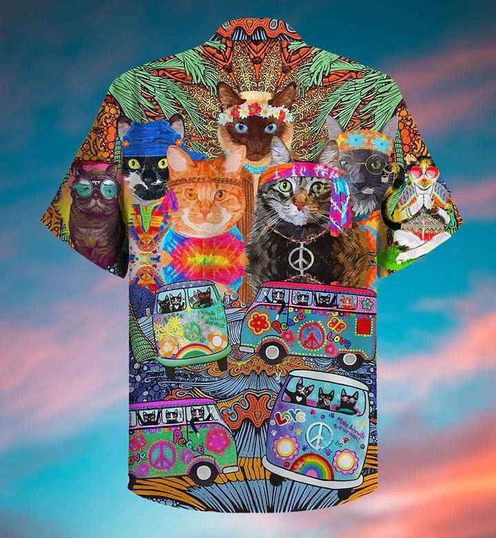 Hippie Aloha Hawaiian Shirt - Hippie Cats Peace Love Life Color Hawaiian Shirt For Summer - Perfect Gift For Friend, Family - Image 2