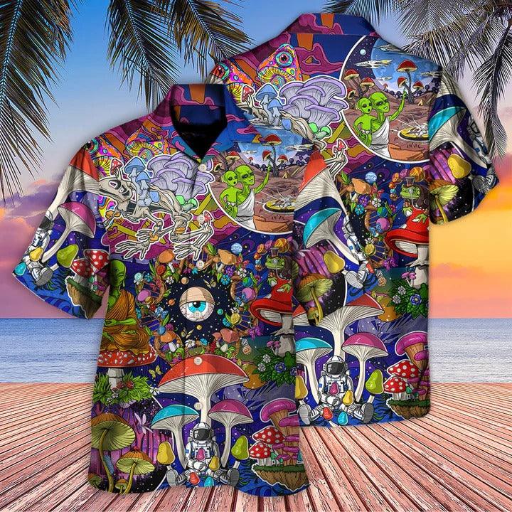 Hippie Aloha Hawaiian Shirt - Hippie Mushroom Aliens Stay Hippie Colorful Art Hawaiian Shirt For Summer - Perfect Gift For Friend, Family