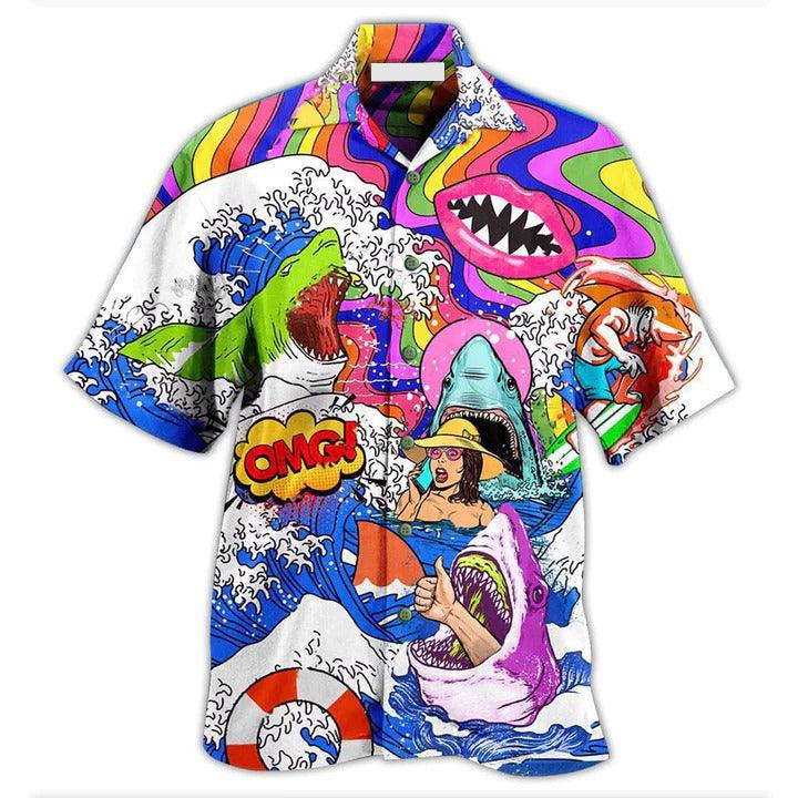 Hippie Aloha Hawaiian Shirt - Hippie Shark Hippie Shark And Girl Hawaiian Shirt For Summer - Perfect Gift For Friend, Family - Image 2