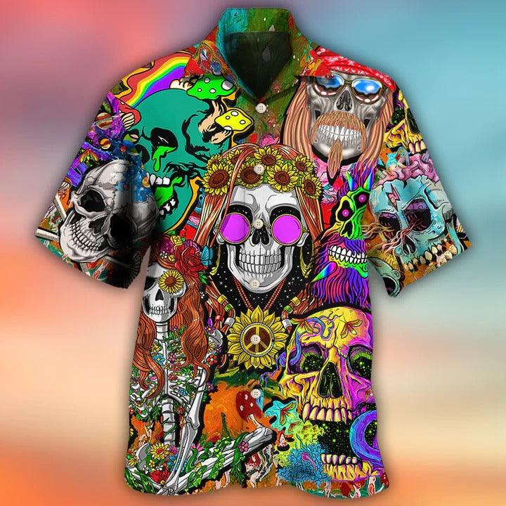 Hippie Aloha Hawaiian Shirt - Hippie Skull Colorful Cool Style Hawaiian Shirt For Summer - Perfect Gift For Friend, Family