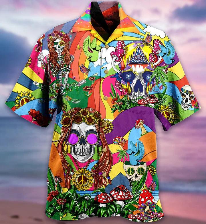 Hippie Aloha Hawaiian Shirt - Hippie Skull Peace Life Color So Funny Hawaiian Shirt For Summer - Perfect Gift For Friend, Family
