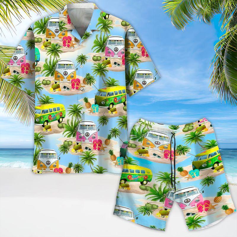 Hippie Aloha Hawaiian Shirts For Summer, Hippie Peace Bus Hippie Style Hawaiian Set For Men Women, Best Gift For Friend, Hippie Lovers, Vacation