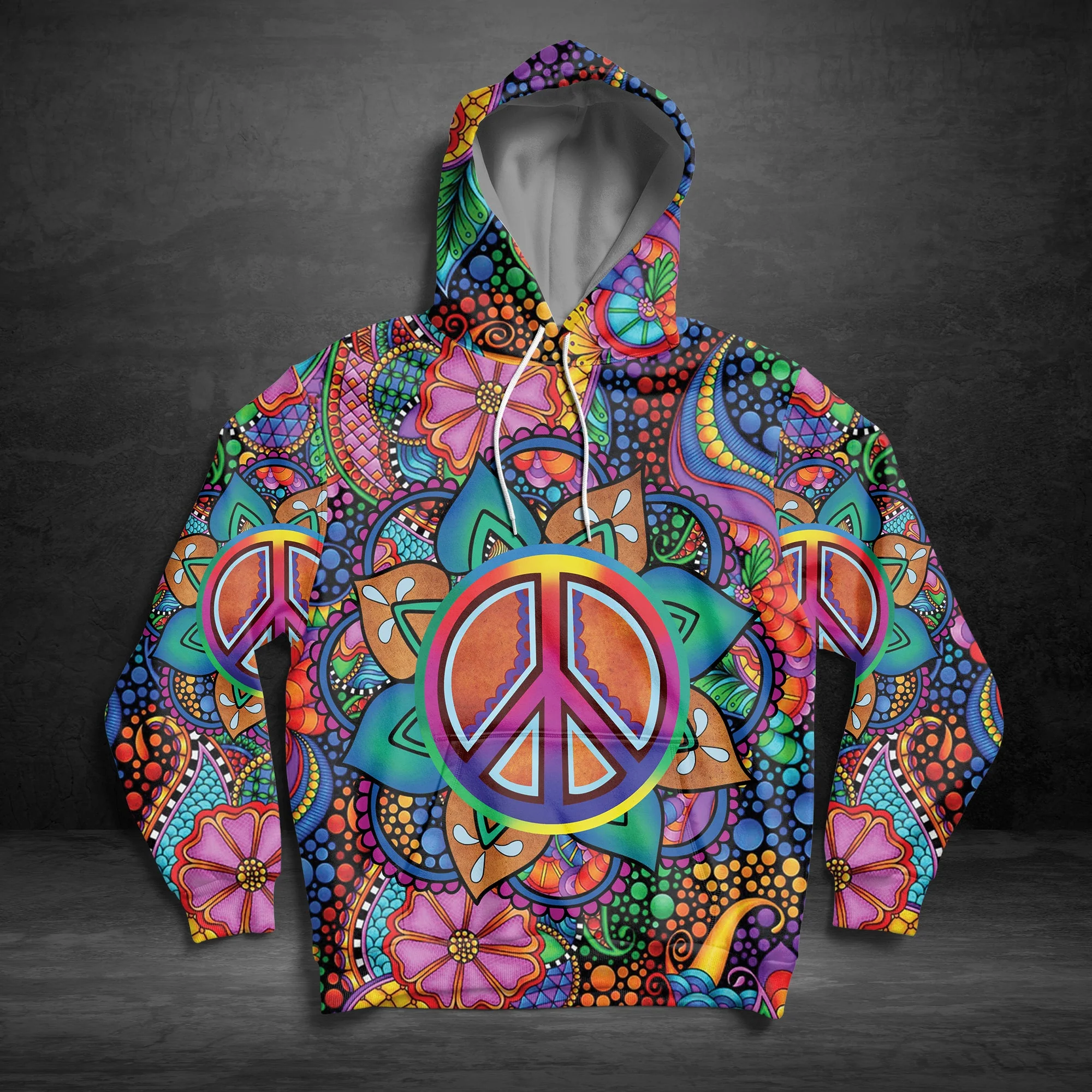 Hippie Peace Sign Mandala Pullover Premium Hoodie, Perfect Outfit For Men And Women On Christmas New Year Autumn Winter - Image 3