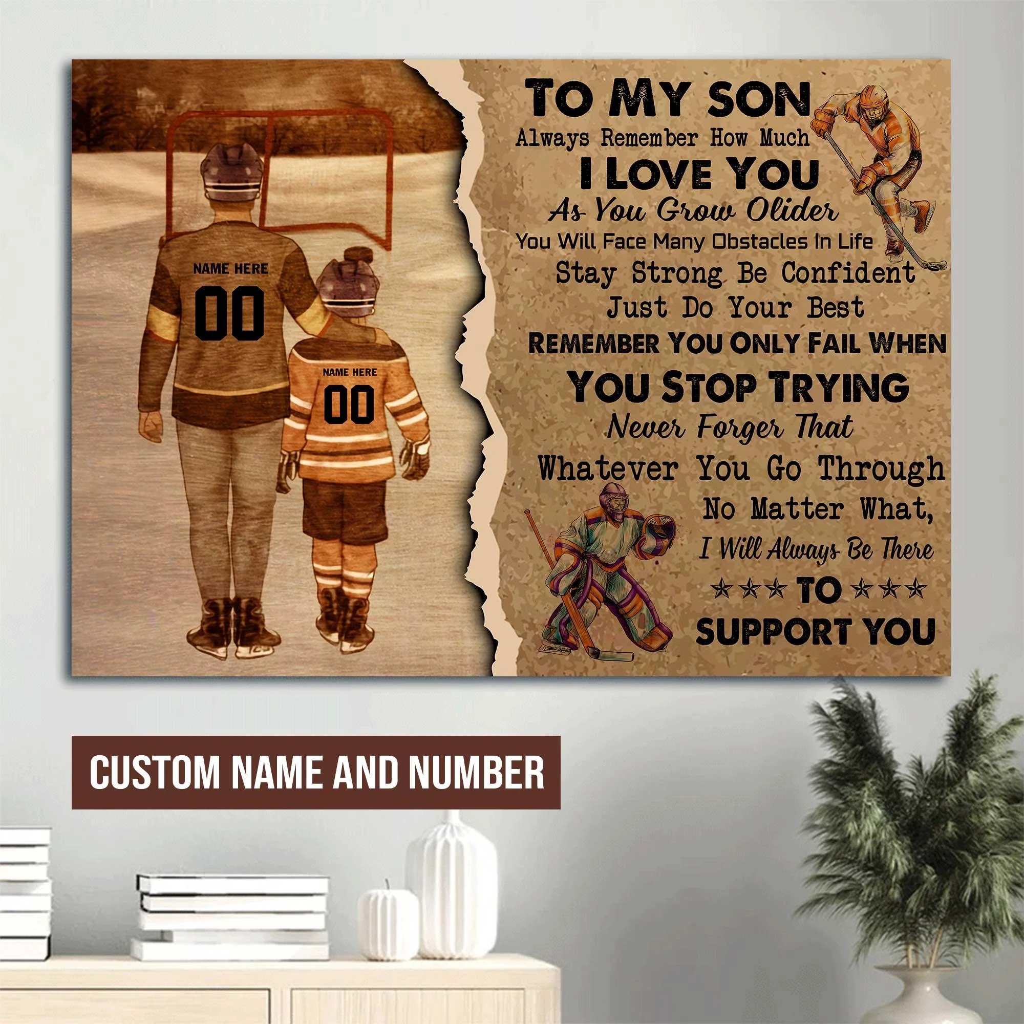 Hockey Landscape Canvas Custom Name & Number - To My Son I will Always Be There To Support You Personalized Canvas - Gift For Hockey Players, Family