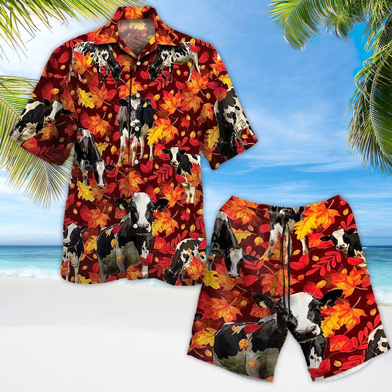 Holstein Friesian Cow Aloha Hawaiian Shirts For Summer, Cattle Autumn Leaf Pattern Hawaiian Set For Men Women, Gift For Friend, Farmer, Thanksgiving