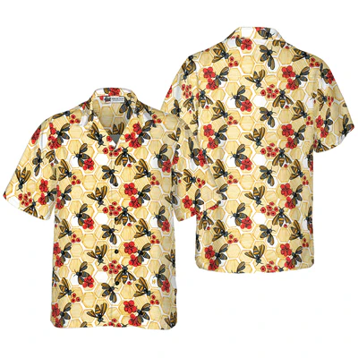 Honey Bee Hexagon Hawaiian Shirt, Bee And Red Flowers Aloha Shirt For Men - Perfect Gift For Husband, Boyfriend, Friend, Family
