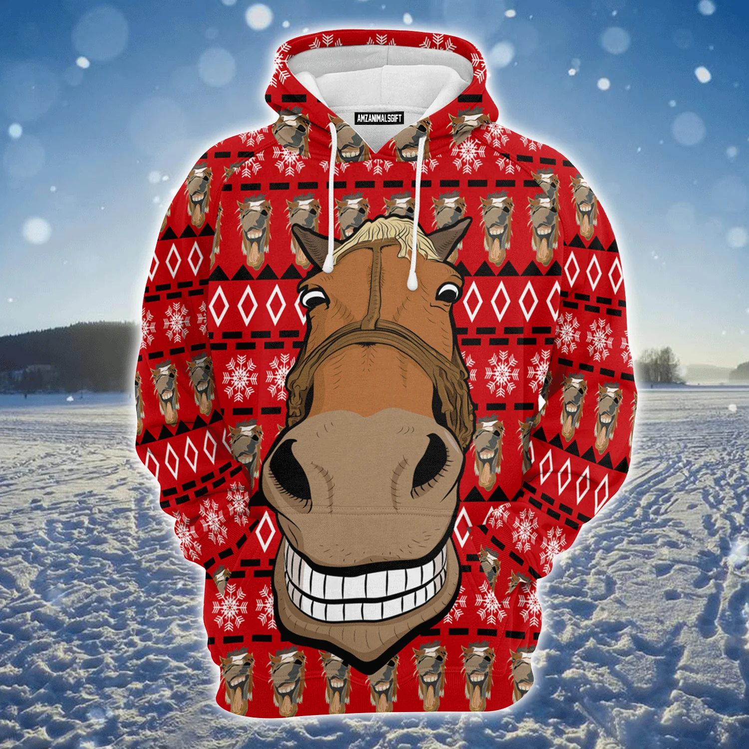 Horse Face Premium Christmas Hoodie, Funny Horse Christmas Tree Unisex Red Hoodie For Men & Women - Perfect Gift For Christmas, Family