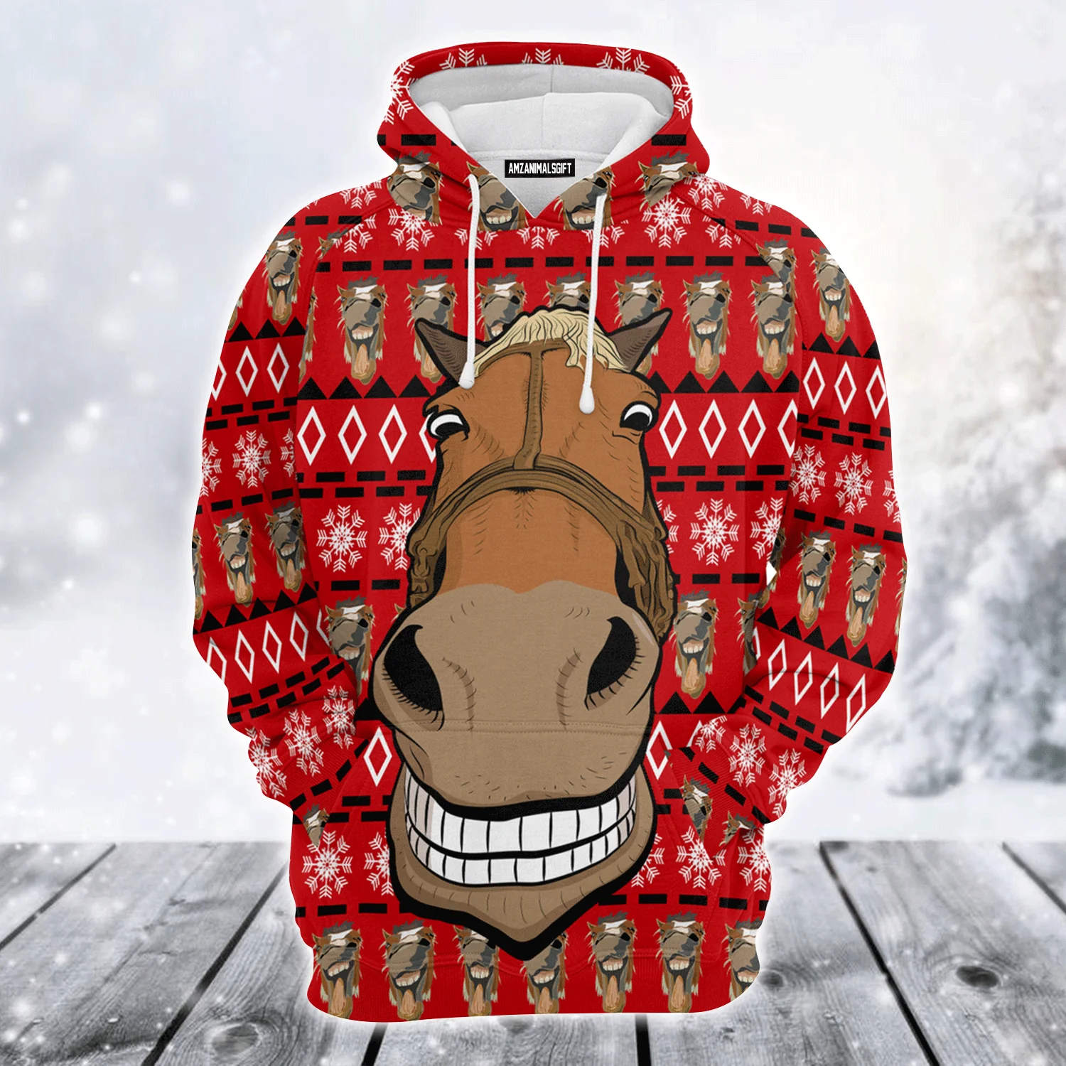 Horse Face Premium Christmas Hoodie, Funny Horse Christmas Tree Unisex Red Hoodie For Men & Women - Perfect Gift For Christmas, Family - Image 2