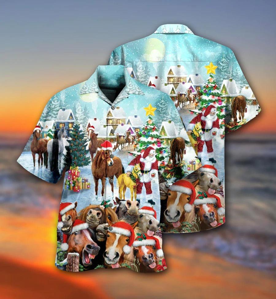 Horse Hawaiian Shirt For Summer - Horse And Santa Claus Merry Christmas Hawaiian Shirt - Perfect Gift For Men, Horse Lovers, Christmas Gifts