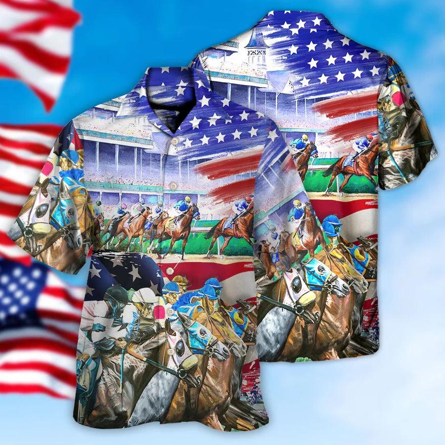 Horse Hawaiian Shirts For Summer - Horse American Flag Horse Racing Hawaiian Shirt - Perfect Gift For Men, Horse Racing Lovers