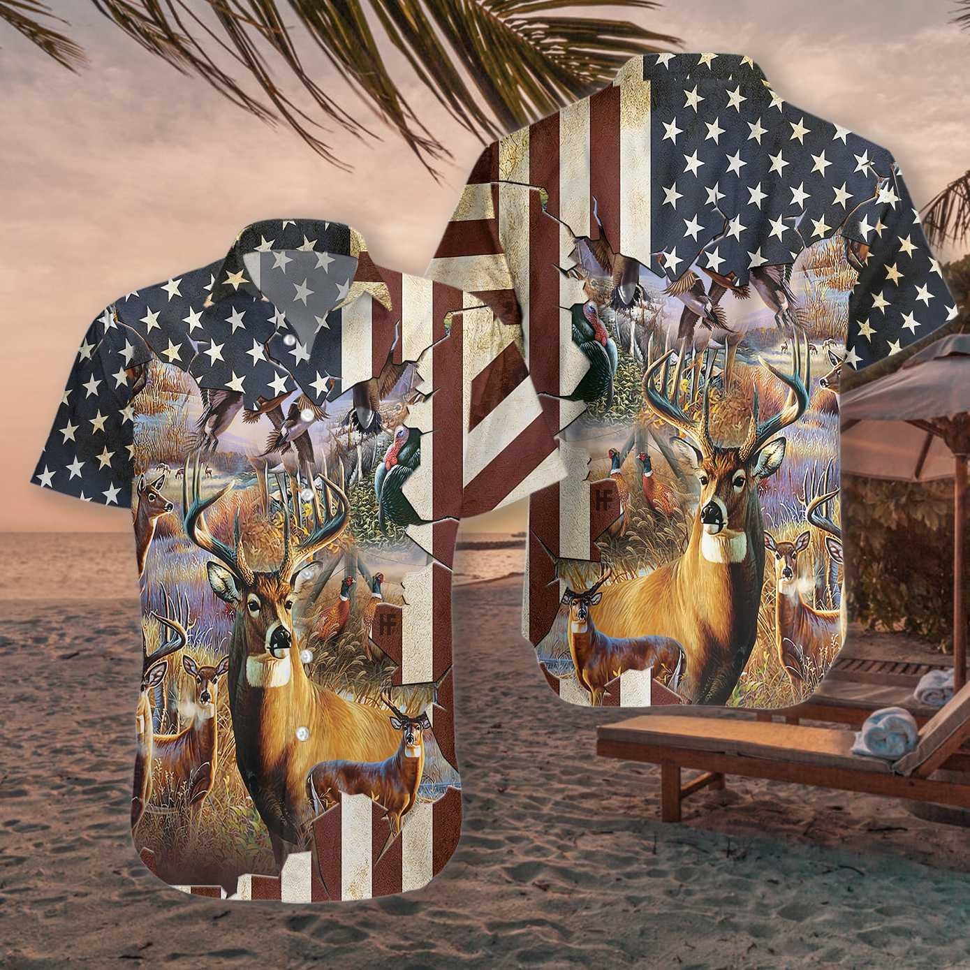 Hunting Hawaiian Shirts, American Flag Hunter, Deer Animals Aloha Shirts - Perfect Gift For Men, Family, Friends