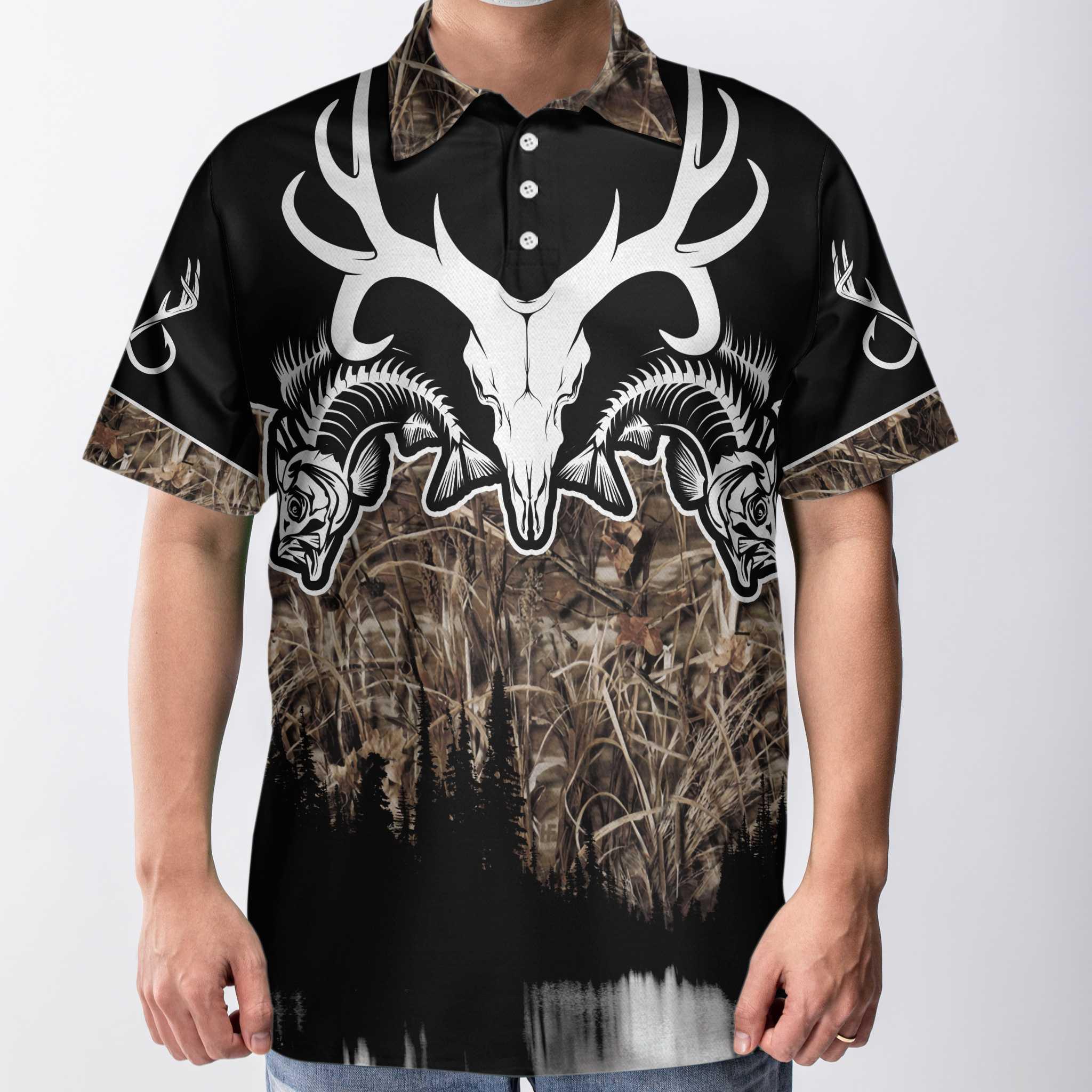 Hunting Men Polo Shirt - Skull Deer Hunter Hunting Polo Shirt, Fishing Solves Most My Problems Hunting Solves The Rest Polo Shirt, Cool Hunting Shirt For Men