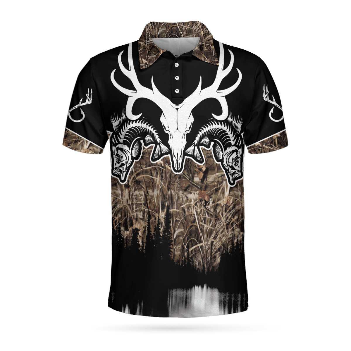 Hunting Men Polo Shirt - Skull Deer Hunter Hunting Polo Shirt, Fishing Solves Most My Problems Hunting Solves The Rest Polo Shirt, Cool Hunting Shirt For Men - Image 3