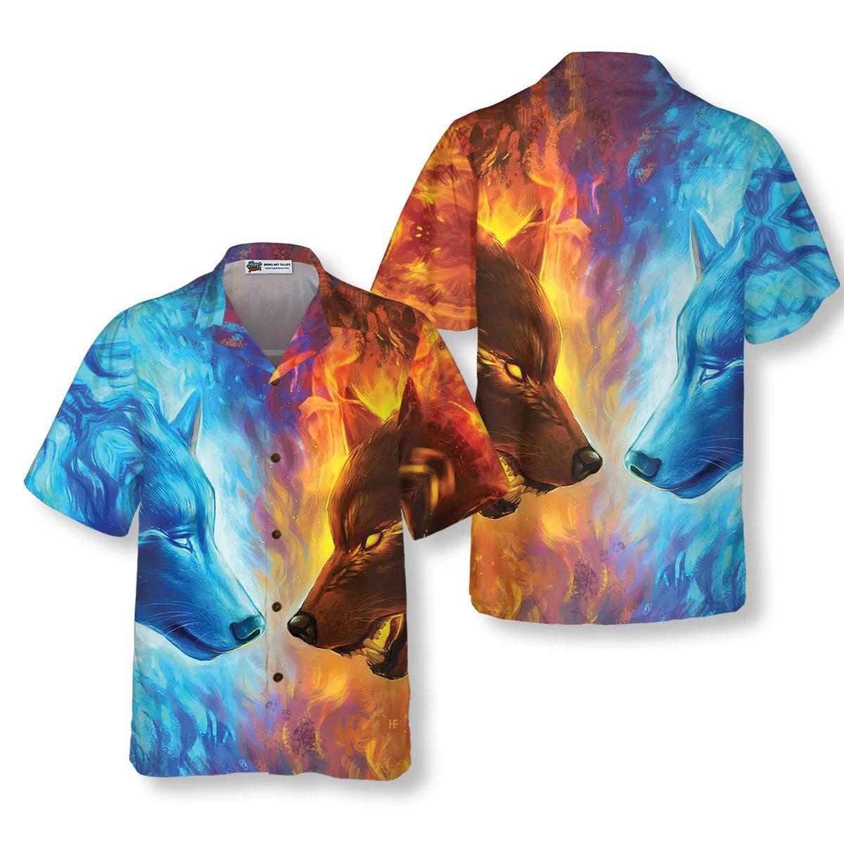 Wolf Hawaiian Shirt, Ice And Fire Wolf Hawaiian Shirt - Perfect Gift For Wolf Lovers, Husband, Boyfriend, Friend, Family