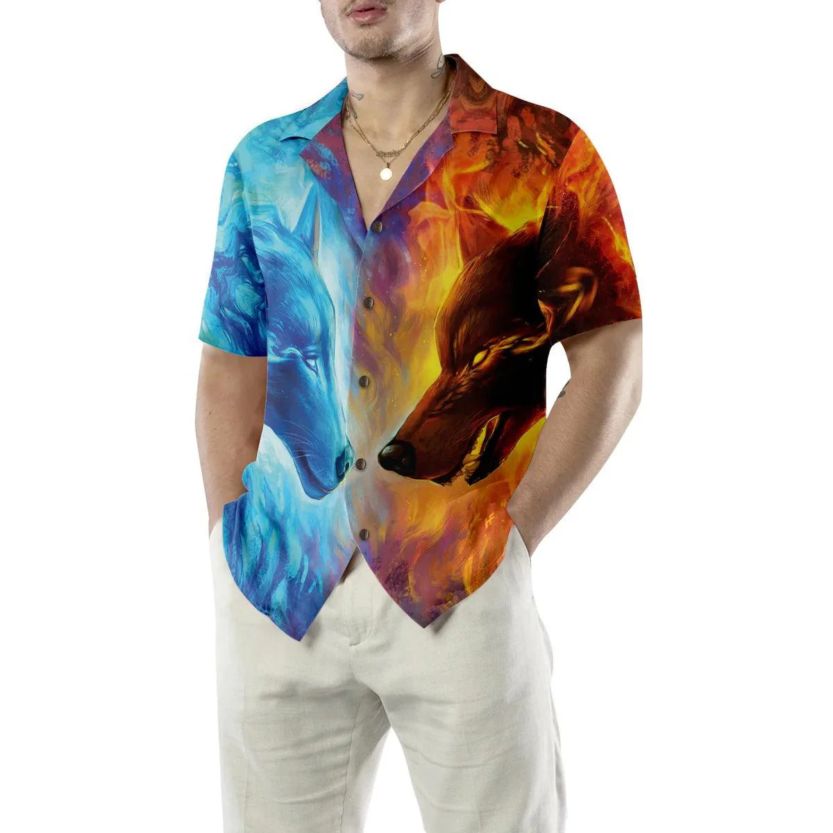 Wolf Hawaiian Shirt, Ice And Fire Wolf Hawaiian Shirt - Perfect Gift For Wolf Lovers, Husband, Boyfriend, Friend, Family - Image 4