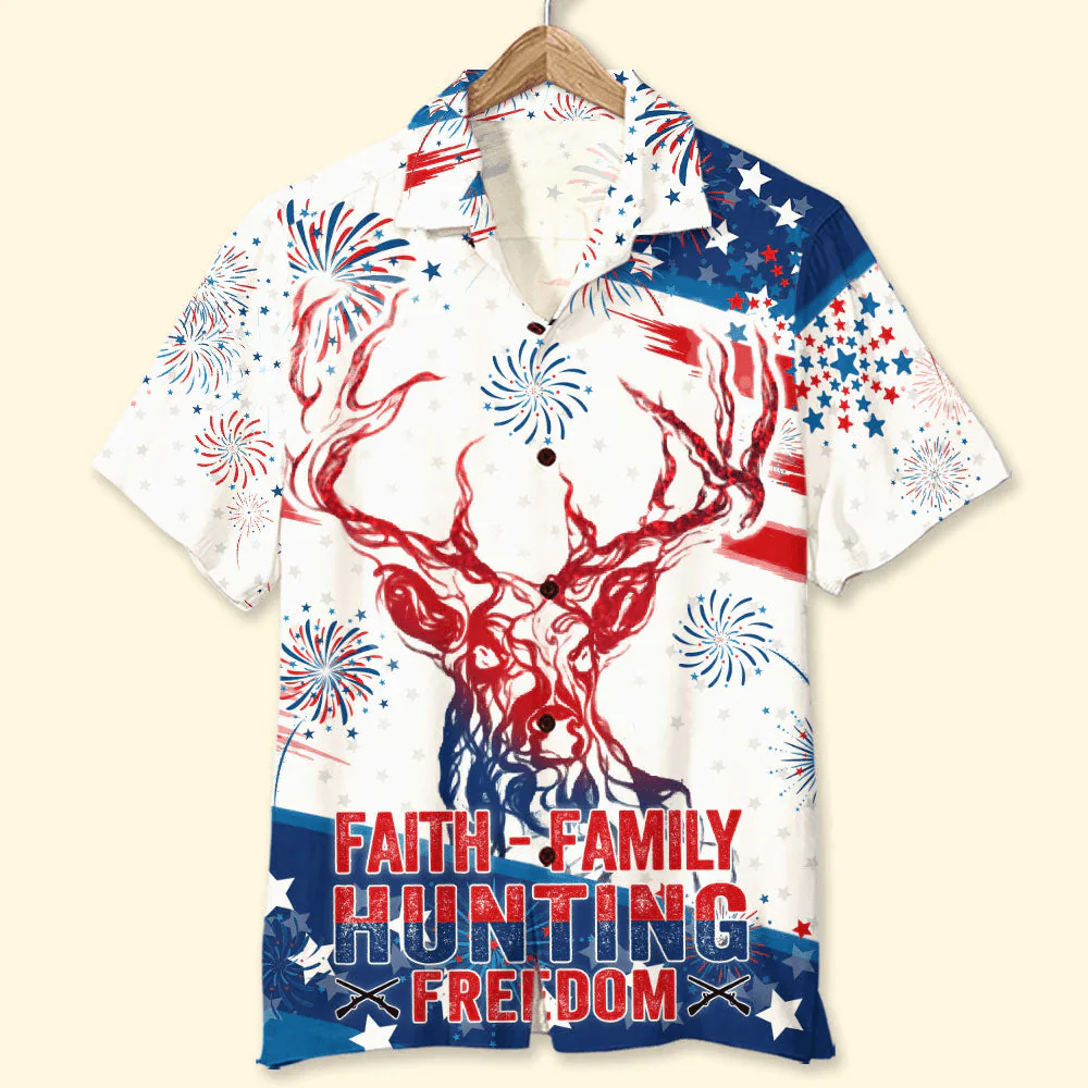 Independence Day Faith Family Hunting Freedom Aloha Hawaiian Shirts For Summer, 4th Of July American Hawaiian Shirt For Men Women, Patriotic Gifts