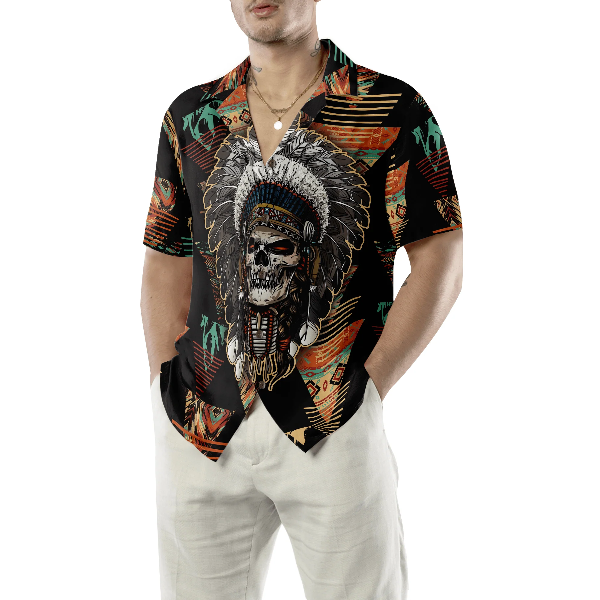 Indian Skull With Tribal Ethnic Pattern Hawaiian Shirt, Colorful Summer Aloha Shirt For Men Women, Gift For Friend, Team - Image 3