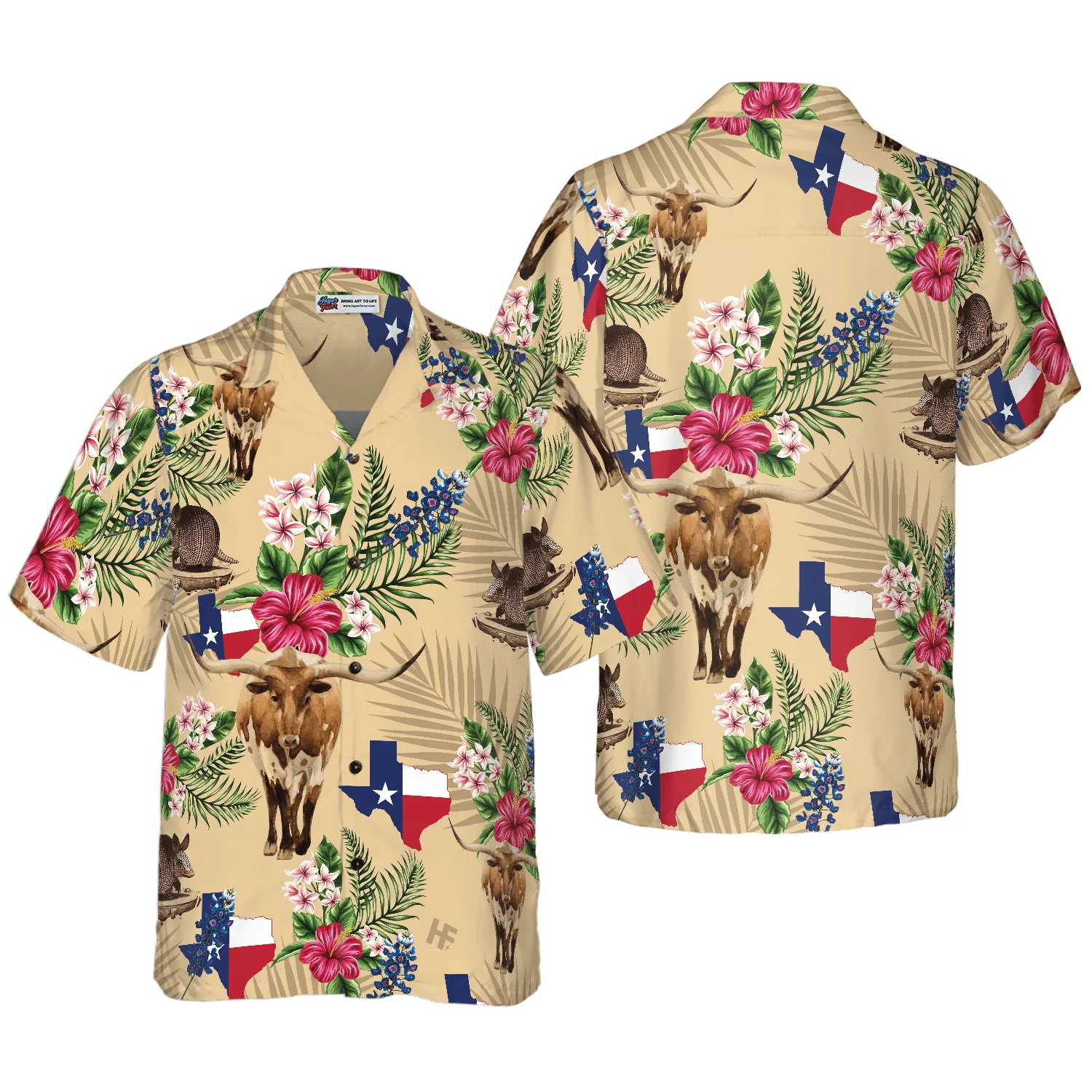 Insignia Bluebonnet Texas Hawaiian Shirt, Don't Mess With Texas Armadillo And Longhorn, Texas Home, Cream Version Summer Aloha Shirt For Men Women